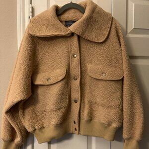 Women's Tan Teddy Sherpa Snap-Front Jacket - Cozy Cropped Style - Small